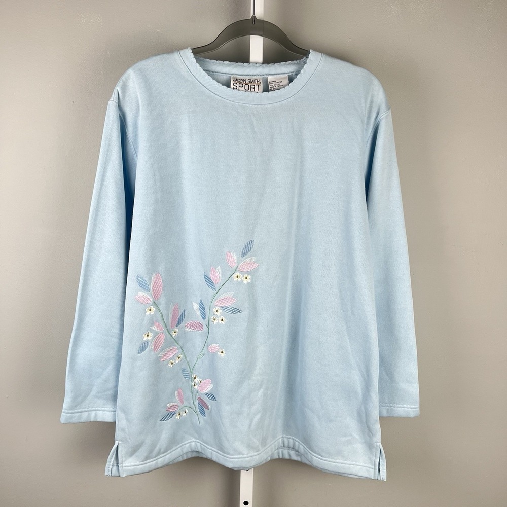 Jaclyn Smith Sport Vintage Sweatshirt Womens L Light Blue Floral Embroidered